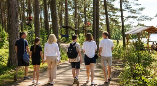 Семья и друзья идут на отдых через сосновый лес в Репино