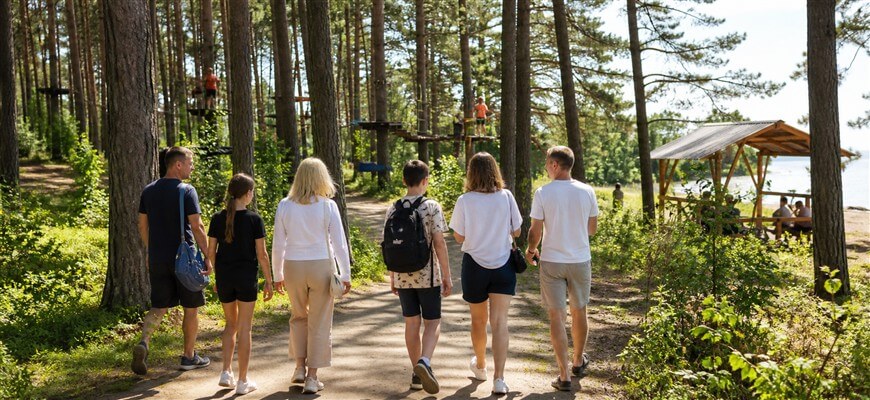 Семья и друзья идут на отдых через сосновый лес в Репино