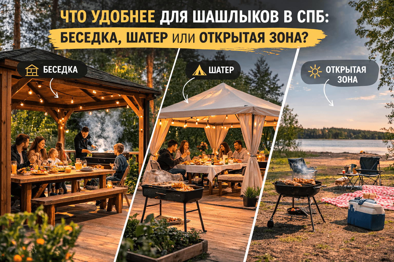 Что удобнее для шашлыков в СПб: беседка, шатер или открытая зона
