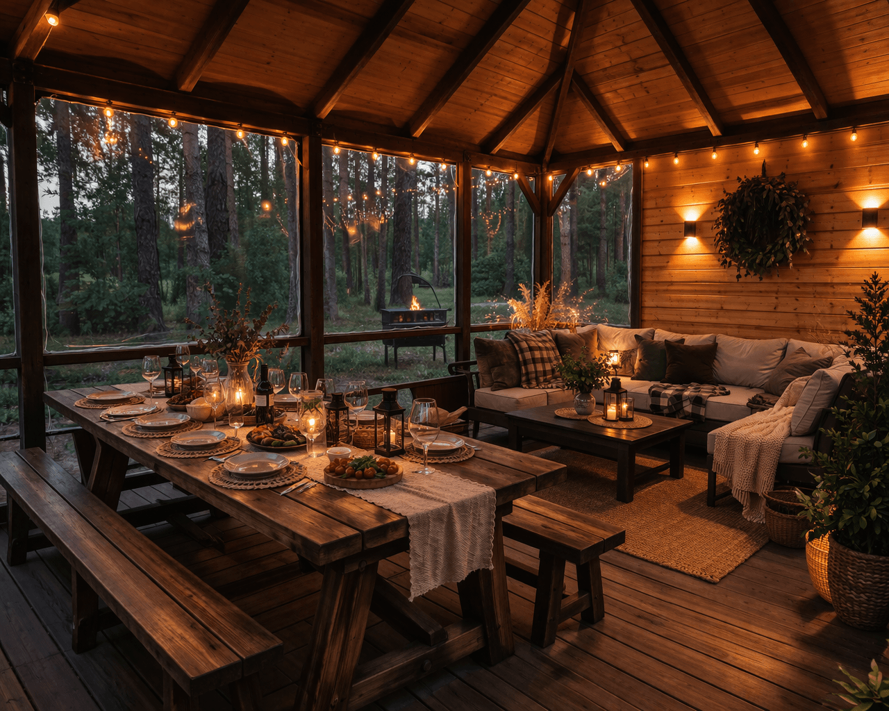 Зона отдыха внутри большой беседки