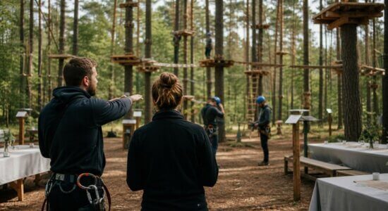 Организаторы готовят закрытую площадку верёвочного парка к частному мероприятию